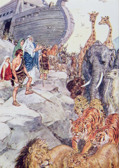 "Jeová disse a Noé para descer da arca", ilustração de "Através da Bíblia", Virtue Publishing, 1928 de Charles Edmund Brock